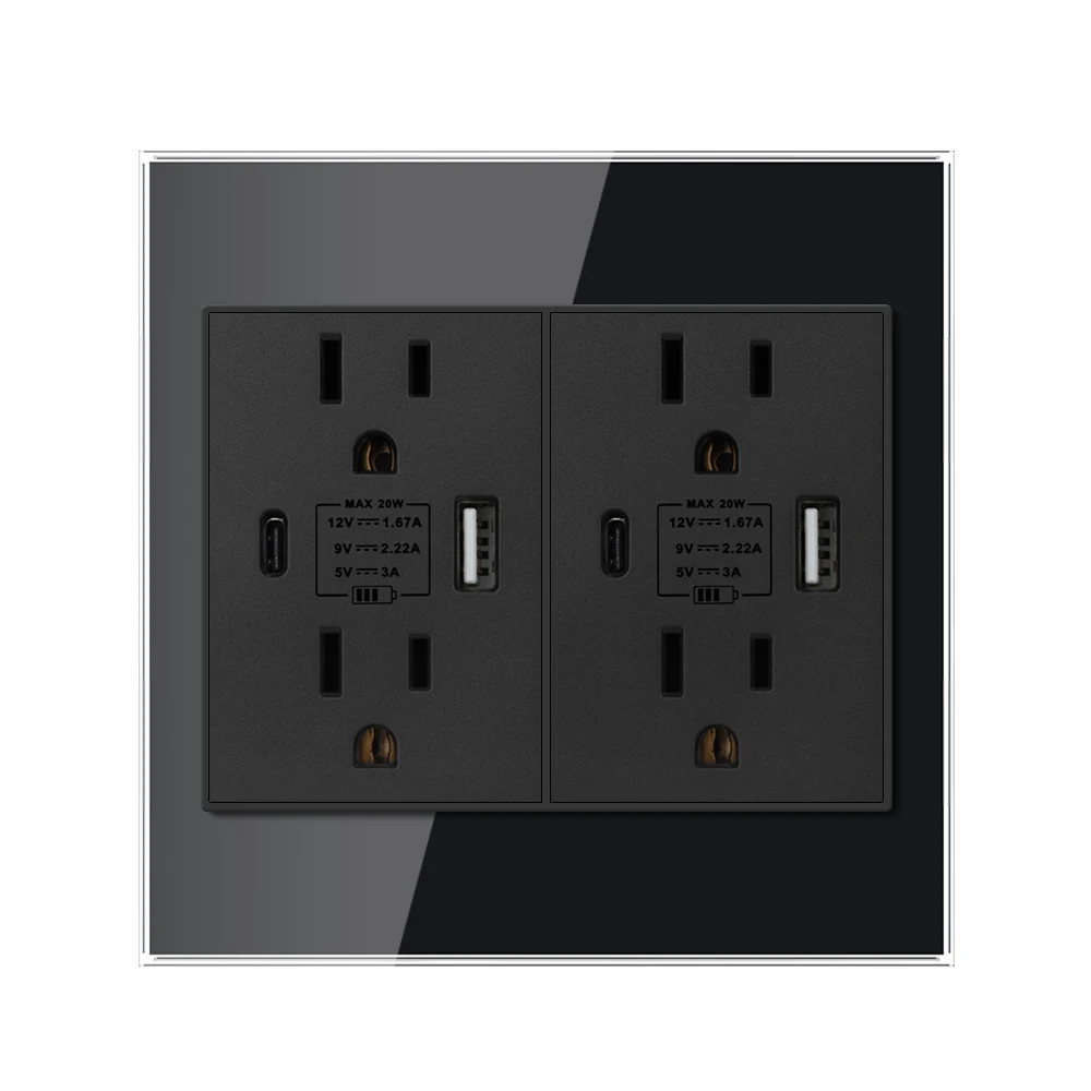 VISWE Double Plug America Universal power outlet with usb type-c charger,120*120mm Glass Panel, Wall Socket and Switch Light