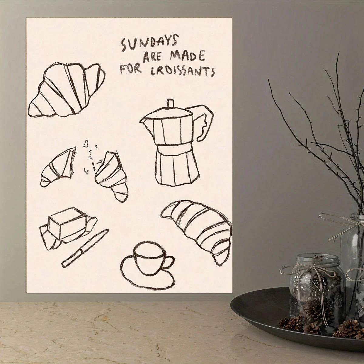 ملصق فني من القماش الكلاسيكي للإفطار، ديكور جدار المطبخ بدون إطار مع الخبز، مطبوعات كرواسون وعاء القهوة، مثالي لغرفة النوم، #6