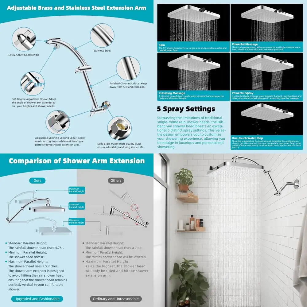

13-inch High-Pressure Square Showerhead with 5 Modes and 16-inch Extension Arm, Solid Brass, Silver Finish