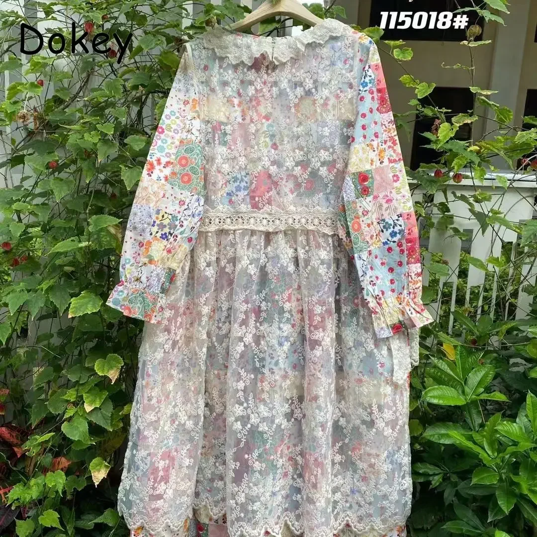 Vintage Lace Two-piece Flower Dress Women Mori Girl Peter Pan Collar Cotton Linen Dress Japanese Casual Loose Kawaii Mid Vestido