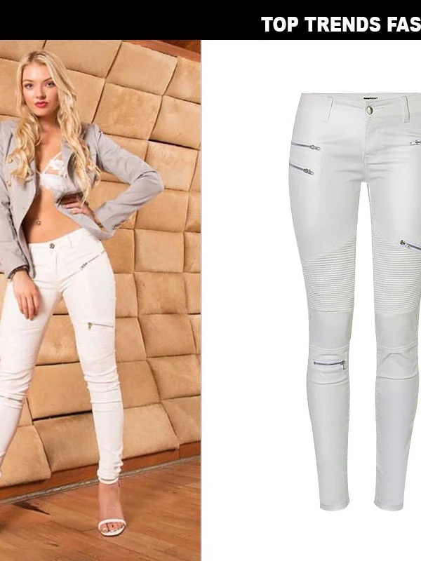 

Белые мотоциклетные джинсы из искусственной кожи с низкой талией в стиле пэчворк с несколькими молниями, уличные повседневные удобные дышащие женские джинсы...