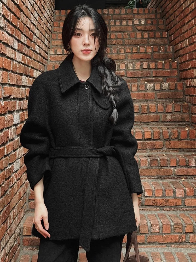 

Ele винтажное женское шерстяное пальто свободного кроя с лацканами, длинное све све, средней длины, застежка на одной пуговице, полиэфирное волокно