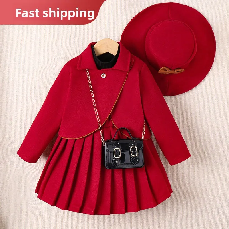 

Girls Solid ColorLapel LongSleeveTopPleated Skirt Hat Suit FashionKids Suit Girl High NeckPleated Skirt GirlThree-pieceGirl Suit