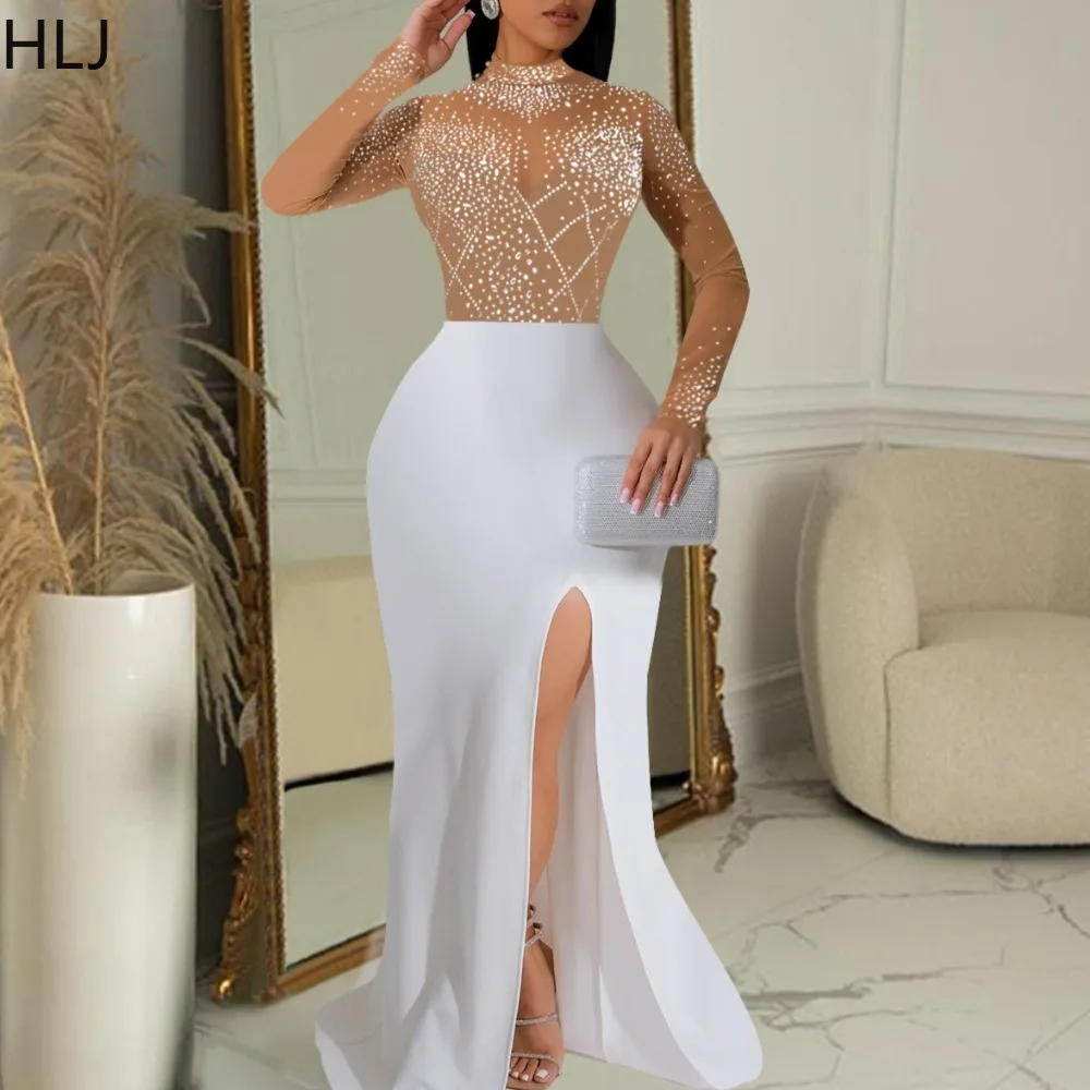 HLJ Elegant Rhinestone Maxi Dresses Women See Through Mesh Patchwork Bodycon Evening Party Dress Long Sleeve Birthday Vestidos