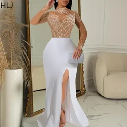 HLJ Elegant Rhinestone Maxi Dresses Women See Through Mesh Patchwork Bodycon Evening Party Dress Long Sleeve Birthday Vestidos