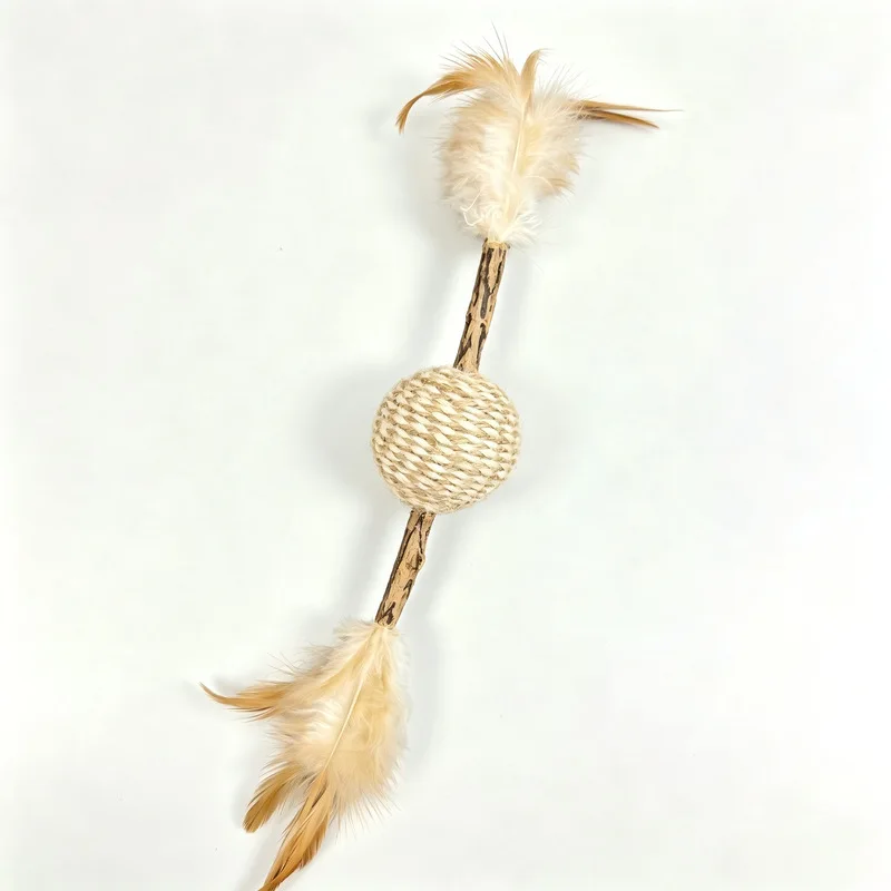 Double-Feathered Cat Toy with Hemp Rope Ball, sandstone Bell, and Scratching Stick for Pet Cats to Chew and Entertain Themselves