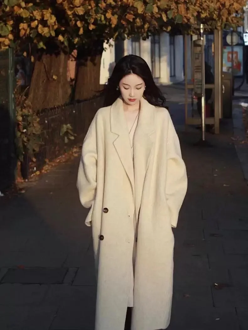 

Двустороннее шерстяное пальто-жакет из твида для женщин, новинка зимы 2025, маленький размер, корейский стиль, длинный рукав