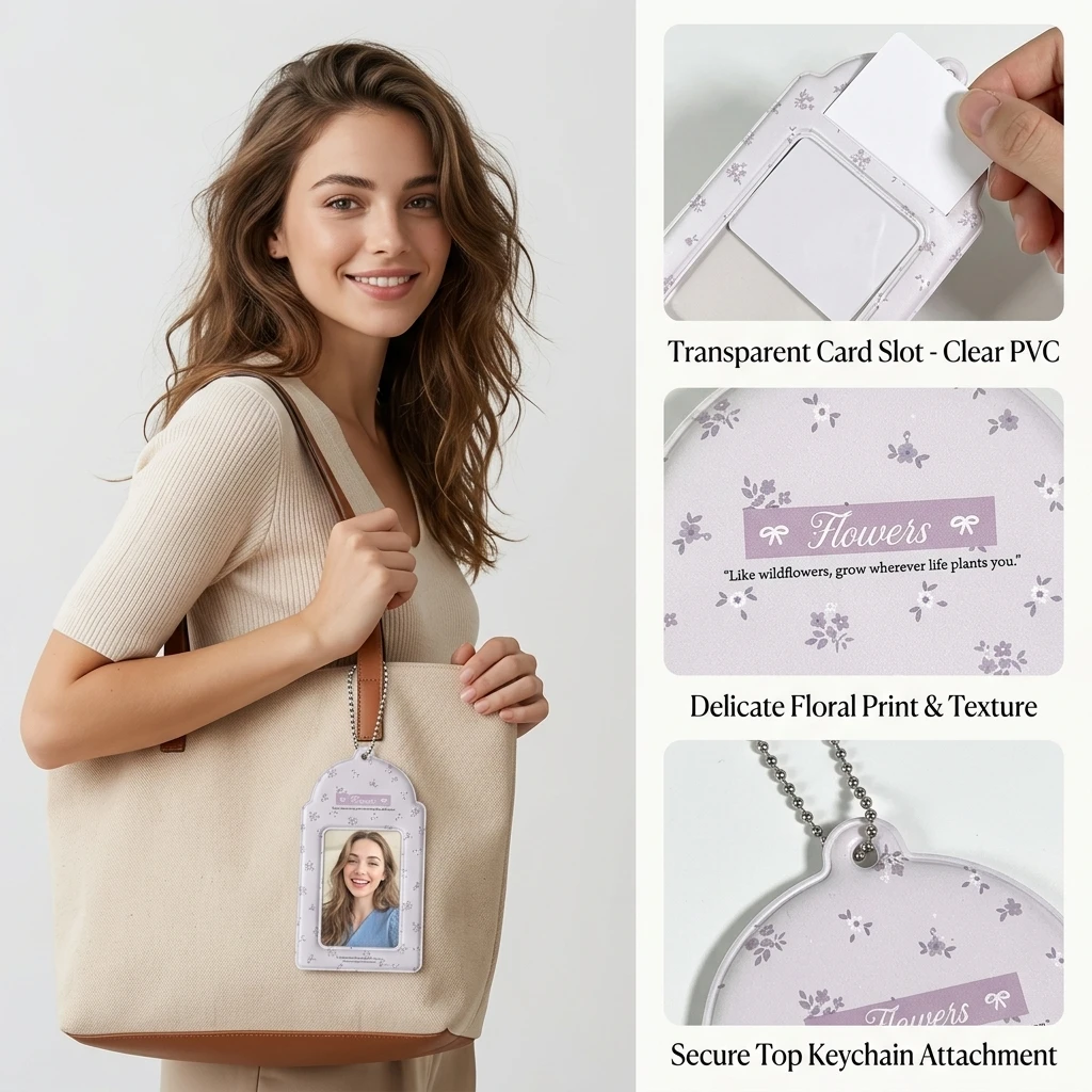 Kpop Idol Photocard Holder Keychain Cute Floral Print Card Cover Storage Bag Polaroid Photo Sleeve Small Pendant Decoration