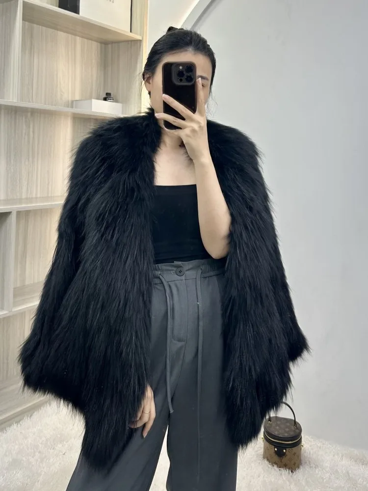 

Hot selling autumn and winter women's fashionable new style raccoon fur double-sided braided suit collar fur jacket