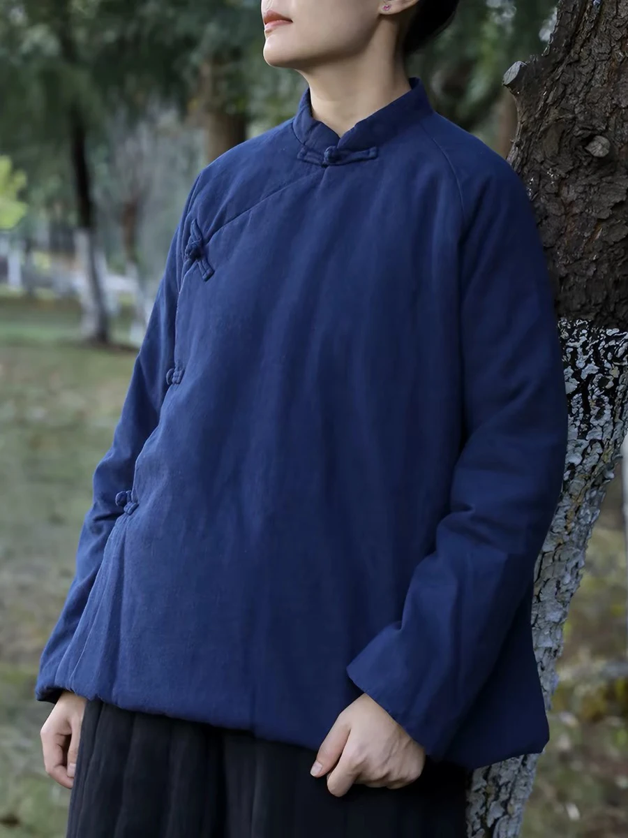 Authentic Chinese Style Women's Cotton Jacket Winter Zen Tea Ceremony Clothing Artistic Flavored Linen Tang Suit