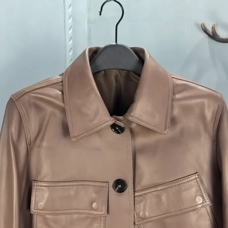 2026年春 レディース 本革シープスキンジャケット カジュアルコート シングルボタンデザイン ターンダウンカラー アシンメトリー ユーススタイル
