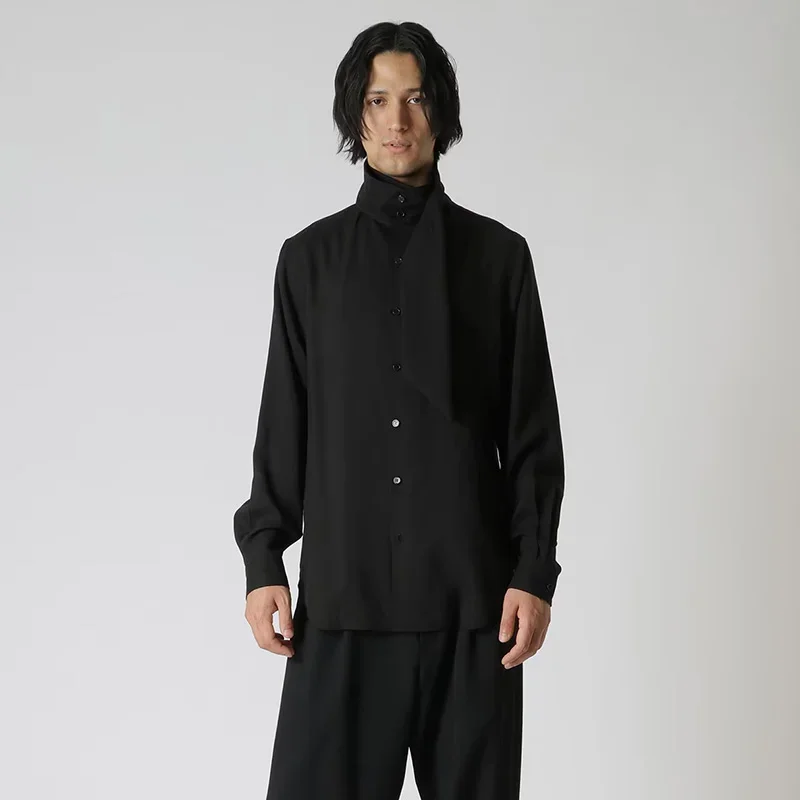 YOJI OOAK التصميم الأصلي زر قابل للتعديل وشاح الرقبة عالية الرقبة طويلة الأكمام قميص الفن مصمم