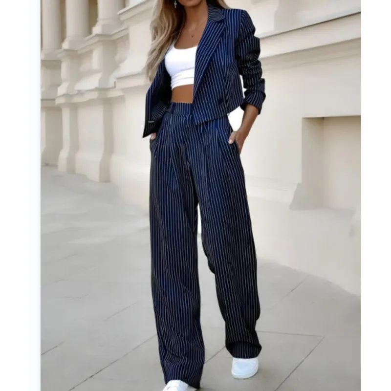 Two Piece Women\'s Short Blazer And Trouser Set Elegant Long Sleeve Notch Collar Striped Work Jacket And Straight Leg Trouser Set