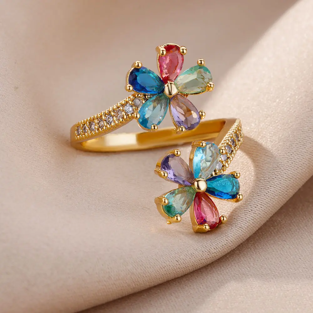 Flower Rings for Women Zircon Opening Stainless Steel Ring 2024 Trend New Wedding Engagement Jewelry Freeshipping Items anillos