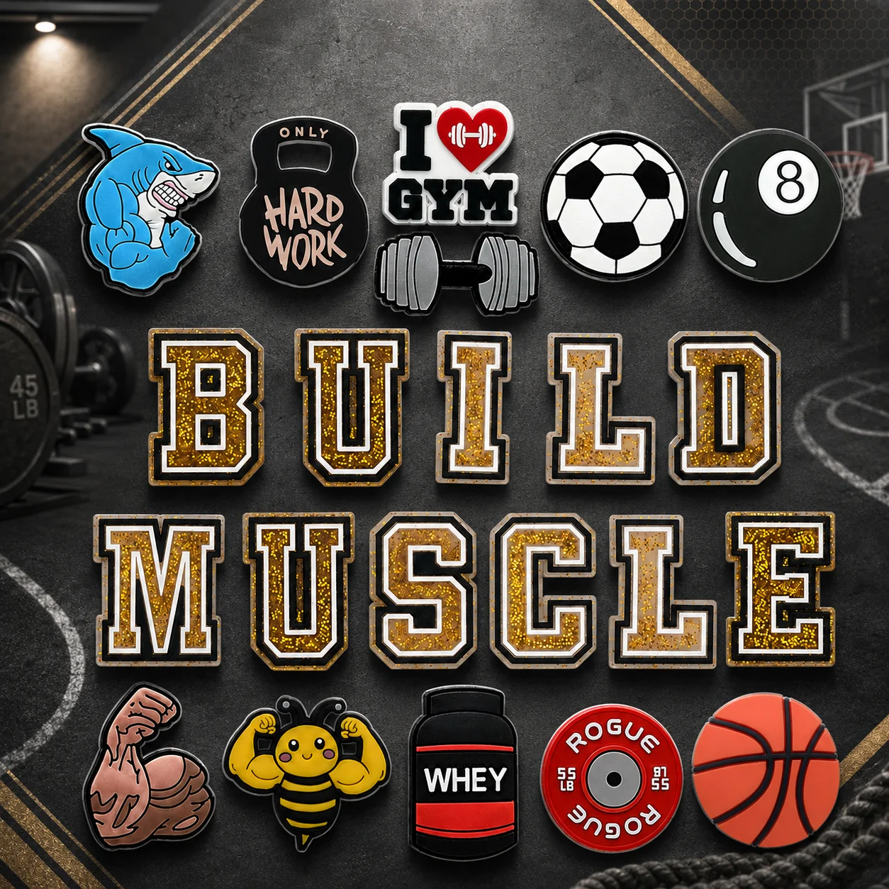 1/22 PCS Sports Fitness Series Shoe Charms, Soccer Whey Protein Muscle Charms for Shoes, Dumbbell Muscle Bee Sandals Clog Buckle