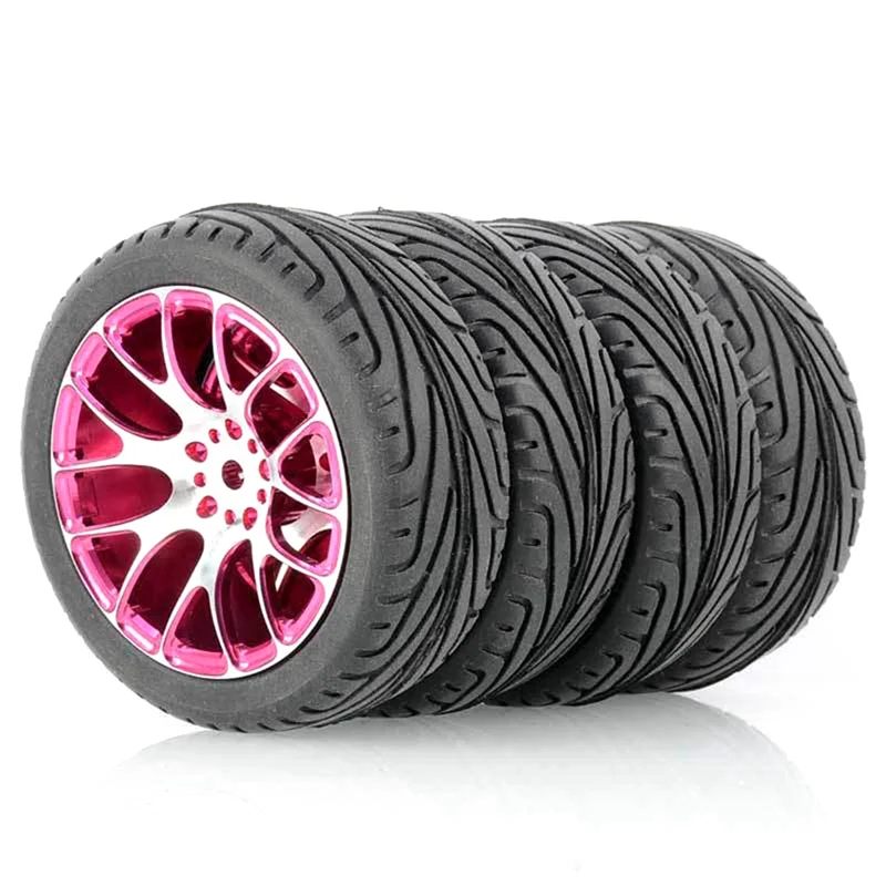 4 Pcs for 1/10 General-Purpose Flat Running Tire Wheel Hub Road Racing Running Broker Tire Has Strong Grip,Pink