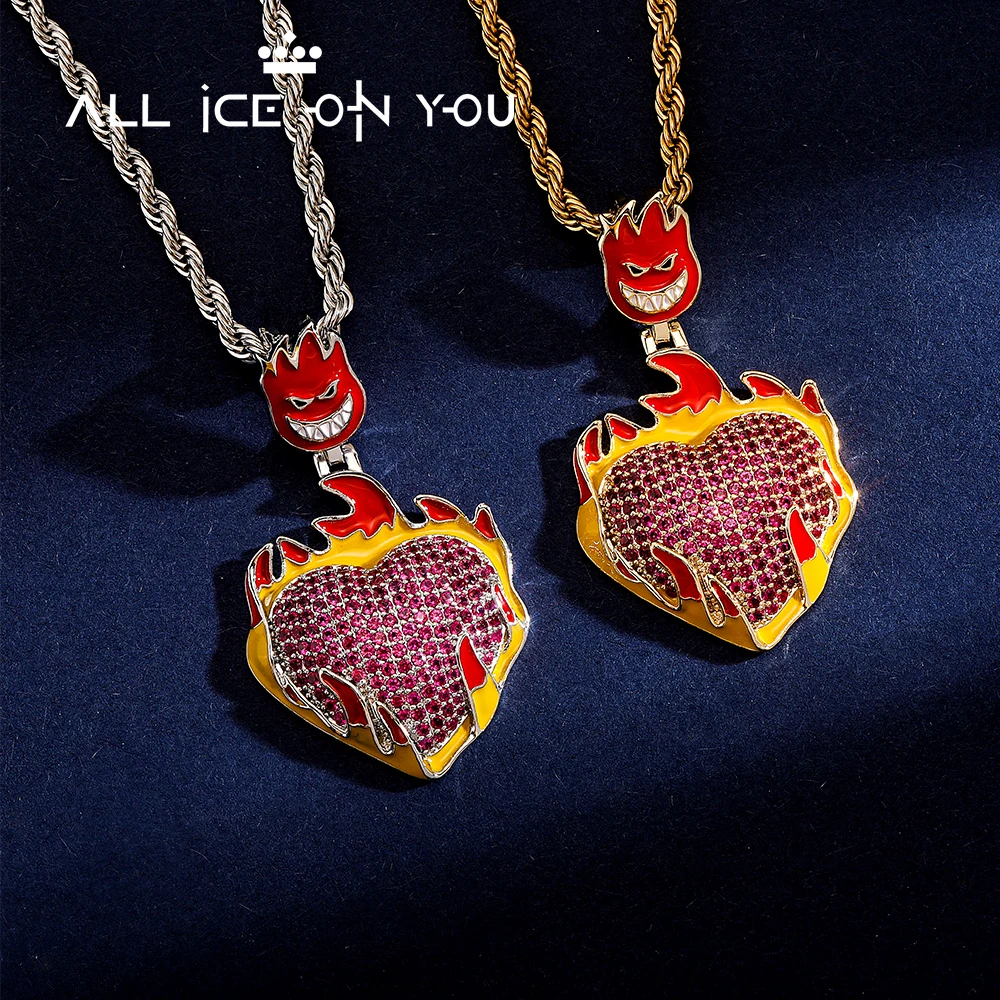 ALLICEONYOU Silver Color Iced Out Jewelry Flame Smile Oil Drip Heart Pendant Necklace for Women Hip Hop Tennis Chains