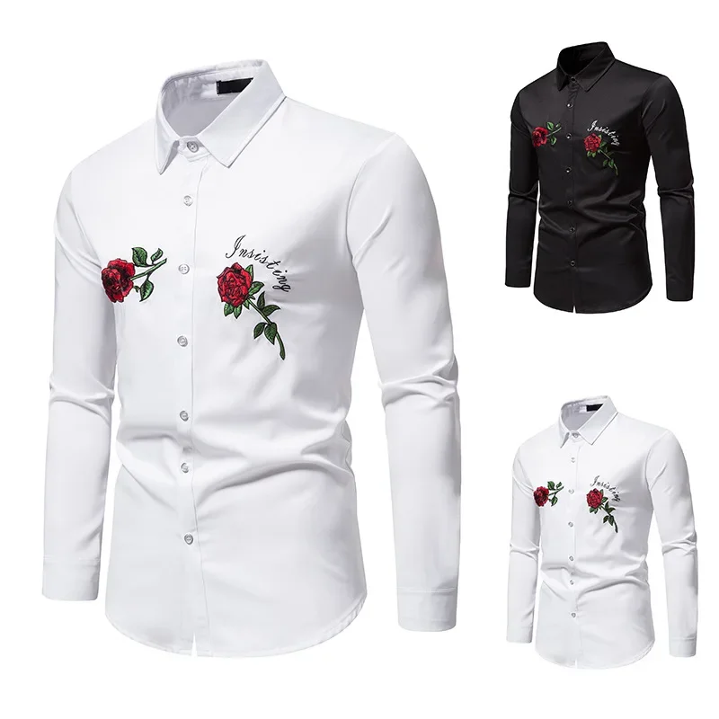 

2023 Autumn and Winter New Men's Fashion and Comfortable Slim Fit Rose Embroidery Casual Long Sleeve Shirt