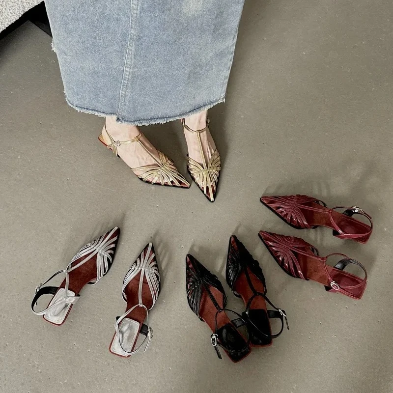 

Female Sandal Shoes Closed Toe 2025 Women's Cat Heels Buckle Strap Girls Pointed New Comfort Stiletto Low Retro Beige Sexy Open