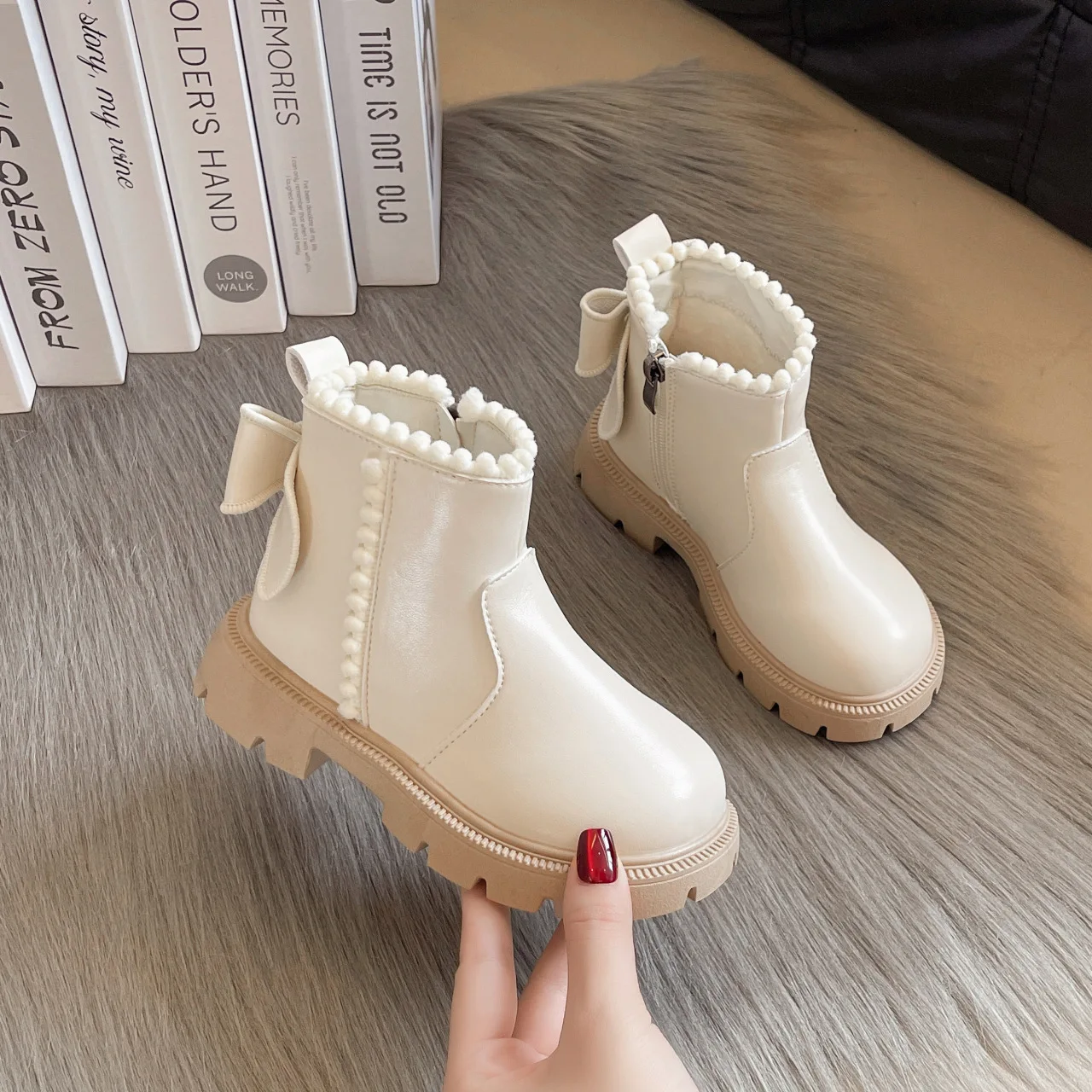 Little Girls Fashion Bow Decor Ankle Boots Kids Autumn Winter Thick Side Zipper Booties Toddler Non-Slip Rubber Sole Boots