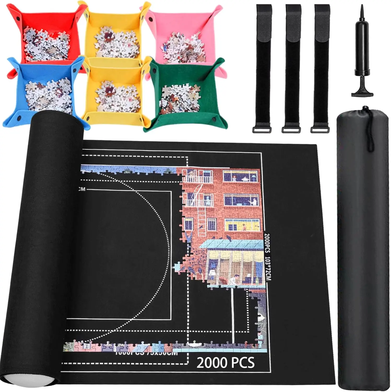 

Jigsaw Puzzle Mat Roll-Up for 2000-500 Pieces, Black Felt Storage Mat with Sorting Trays and Clear Sheets