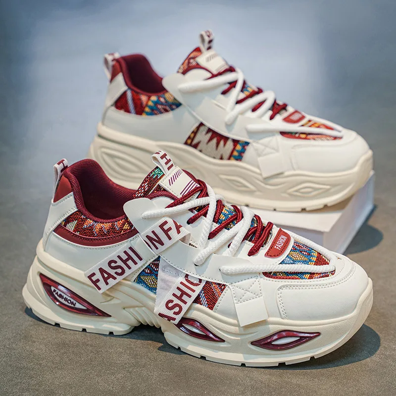 Men's Breathable Mesh Chunky Dad Sneakers Ethnic Print Platform Casual Running Shoes Summer Heightening Footwear