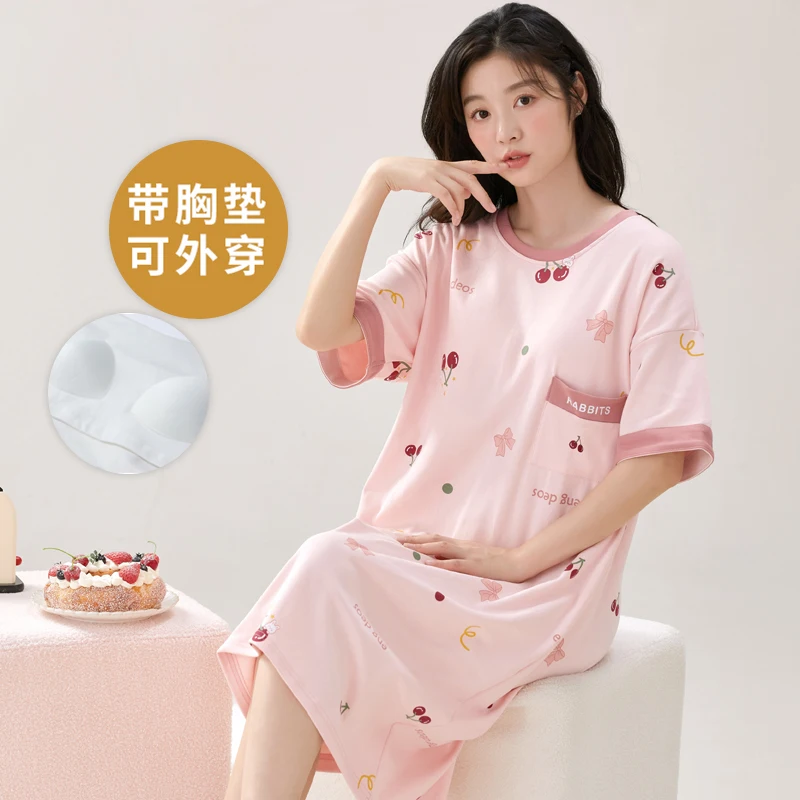 Summer Pijamas Set with chest pad Short-sleeved Nightdress Women's Cotton Cartoon Loungewear Student Korean version Nightgown
