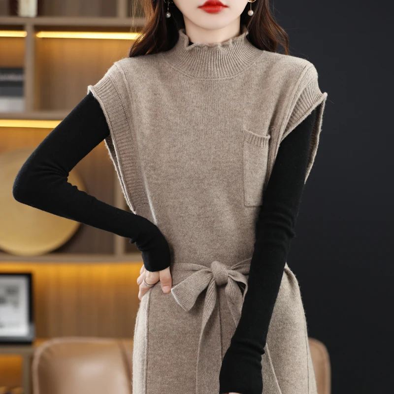 Sleeveless Wool Long Skirt Women's AutumnWinter Fashionable Long Sleeved Warm Solid Color Pullover Knitted 100%Merino Wool Dress