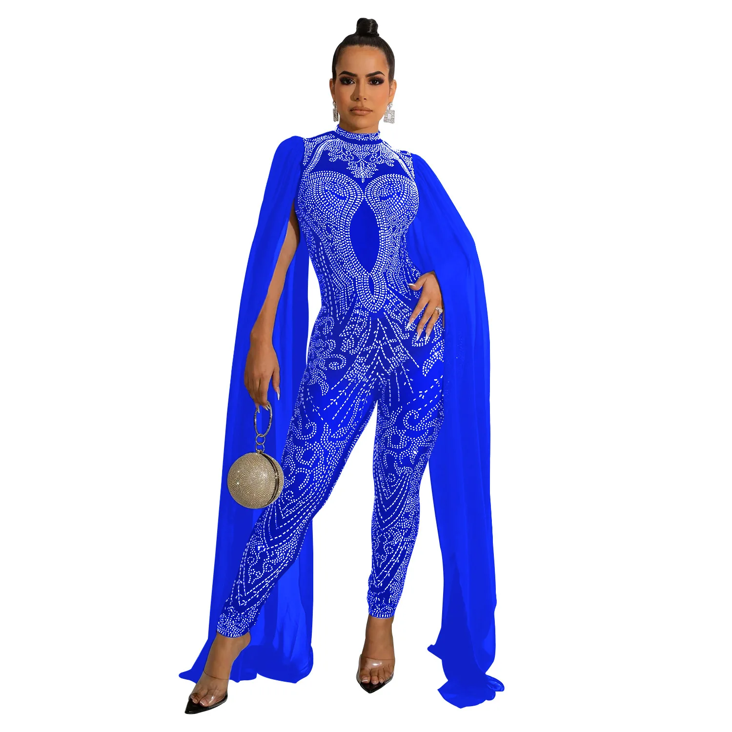 Sexy party club prom nightclub solid color hot diamond mesh see-through pants sleeveless shoulder cape jumpsuit