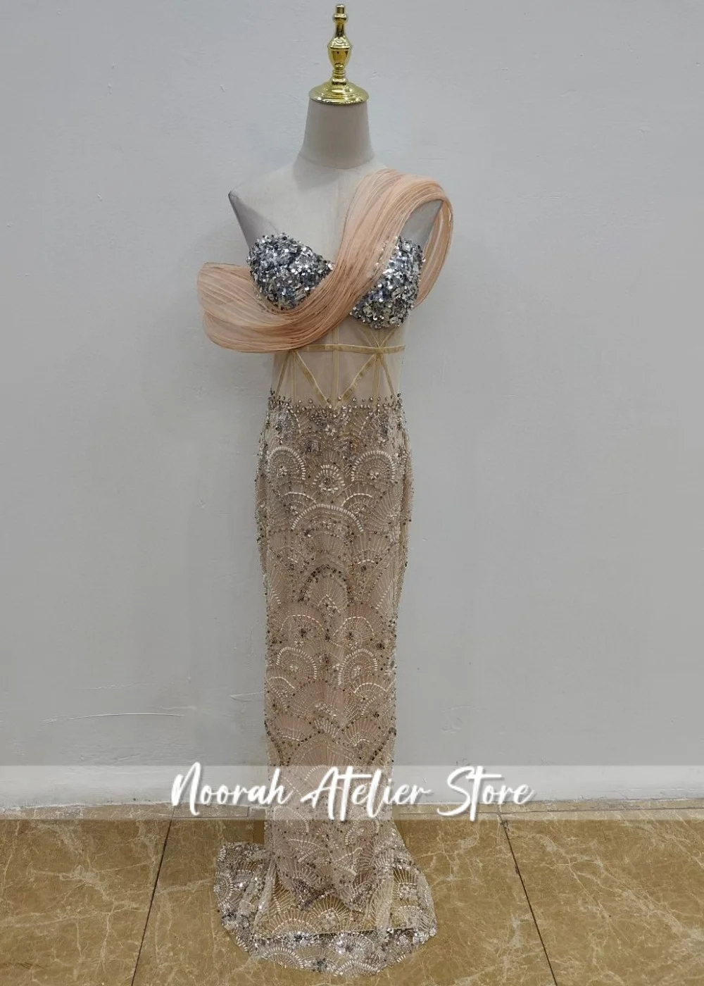 Brillante Champage fuera del hombro vestidos de noche de lujo 2025 mujeres Dubai sirena vestido de fiesta de celebridades vestido de graduación personalizado