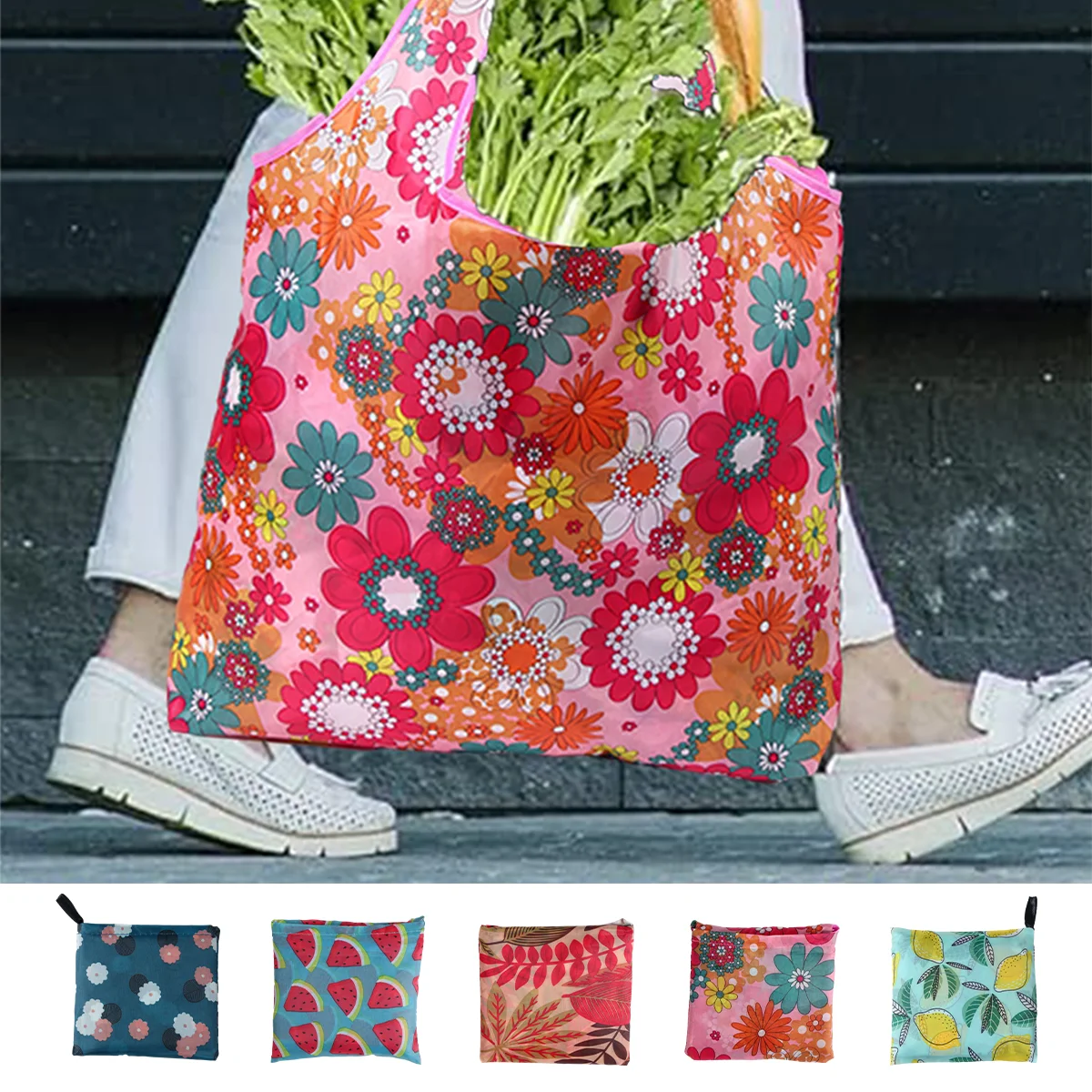 5pcs Foldable Shopping Bag Reusable Travel Grocery Bag Eco-Friendly Cute Animal Plant Printing Portable Supermarket Shopping Bag