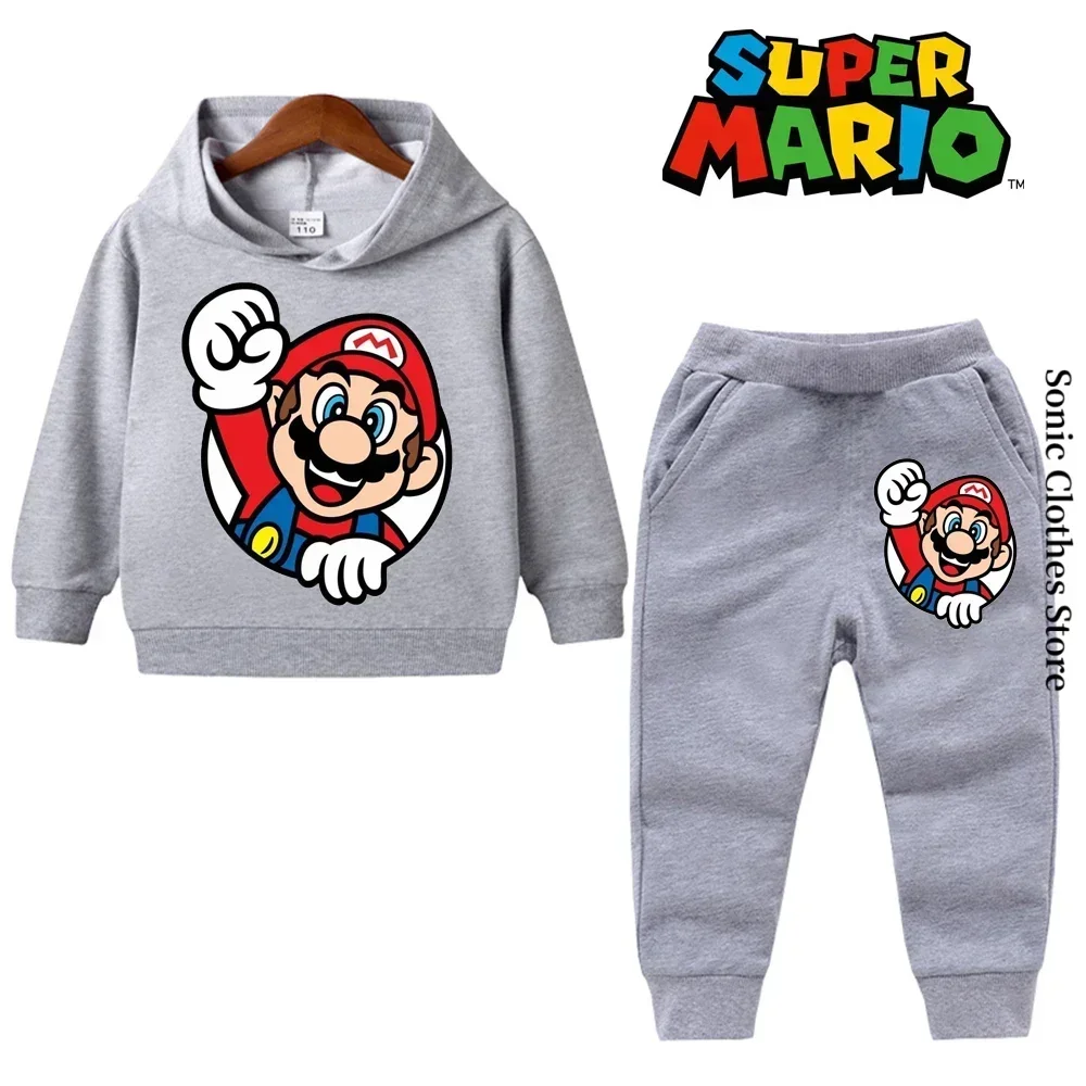 Conjunto de moletom Super Mario infantil, capuz esportivo, blusa e calça, roupa casual, presente do 5 ° aniversário, 2 peças