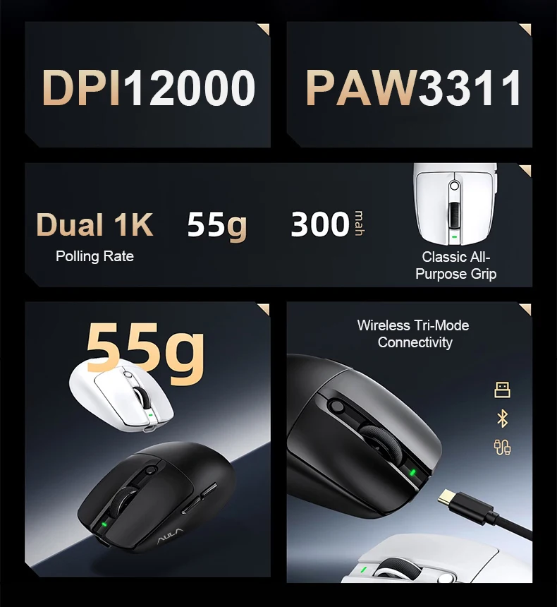 AULA V1 55g Ultra‑Light Tri‑Mode Gaming Mouse PAW3311 12000DPI Dual 1K Rechargeable Wireless Bluetooth for Small‑Medium Hands