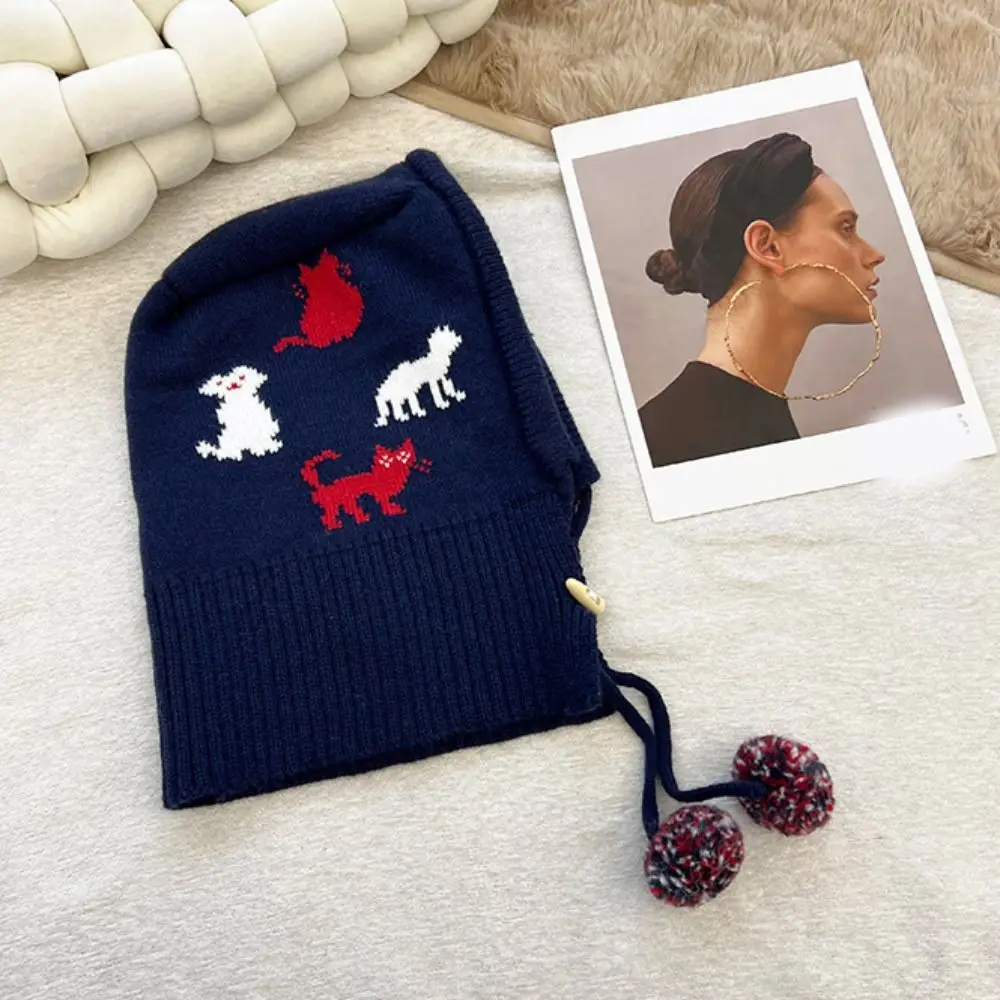 Warm Pullover Hat Jacquard Balaclava Hat Red Horn Button Ear Protection Hat Kitten Beanie Winter Cap Warm