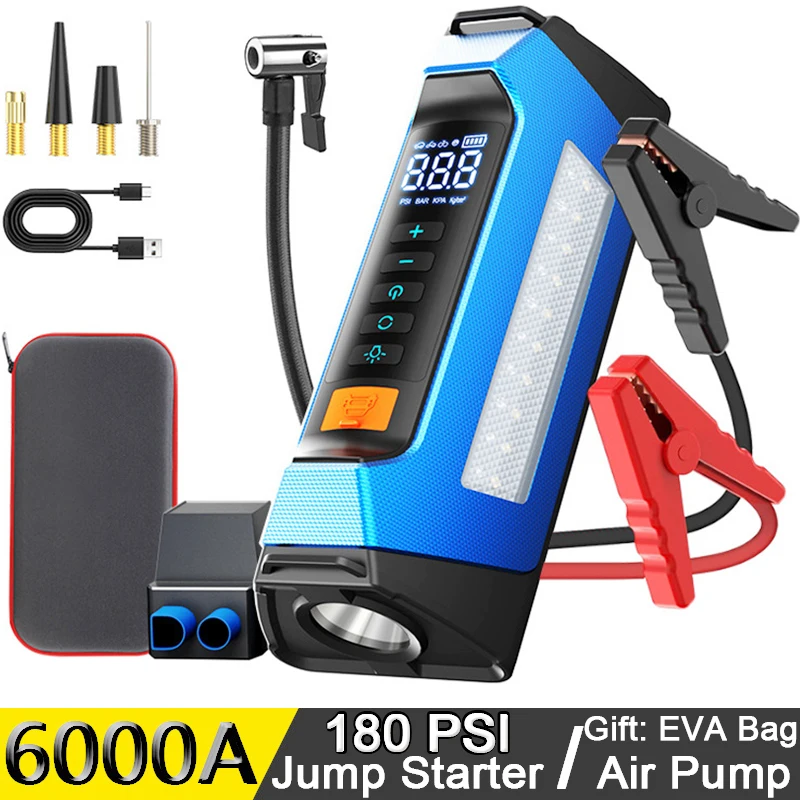 

6000A 180 Psi Car Jumper Multifunction Emergency Battery Power Bank 12v Capacitor Booster Compressor Jump Starter With Air Pump