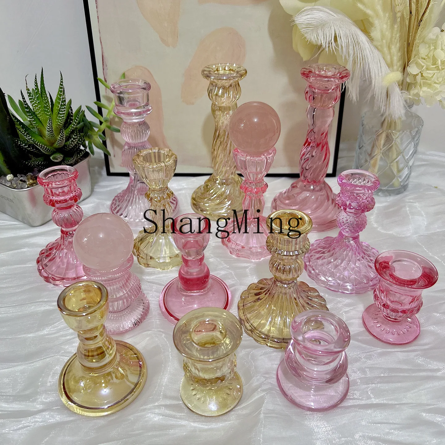 

PYH crystal ball base , pink glass candlestick jewelry ornament, pink candle base, ball base.