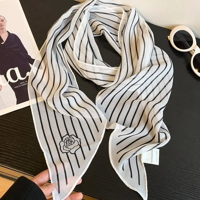 Vintage Seidenschal für Damen, gestreift, doppelseitig, eleganter Druck, Halstuch, modisches Büro-Accessoire für alle Jahreszeiten – Detail 11