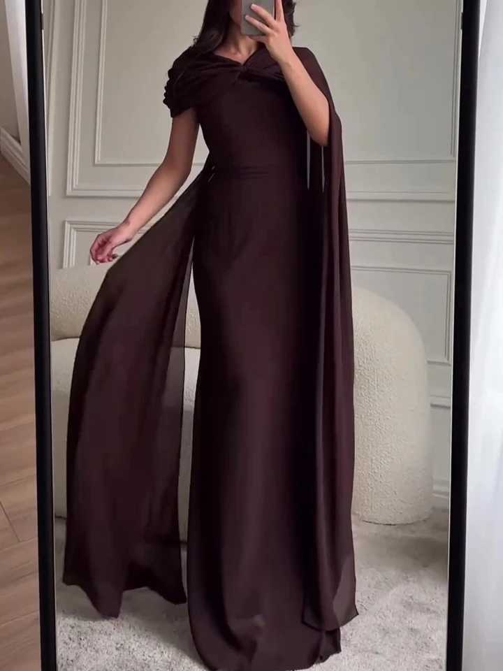 

Elegant Women High Waist Banquet Dress Spring Summer New Chiffon Maxi Dress Lady Solid Color Slim Ribbon Ruched Evening Dress
