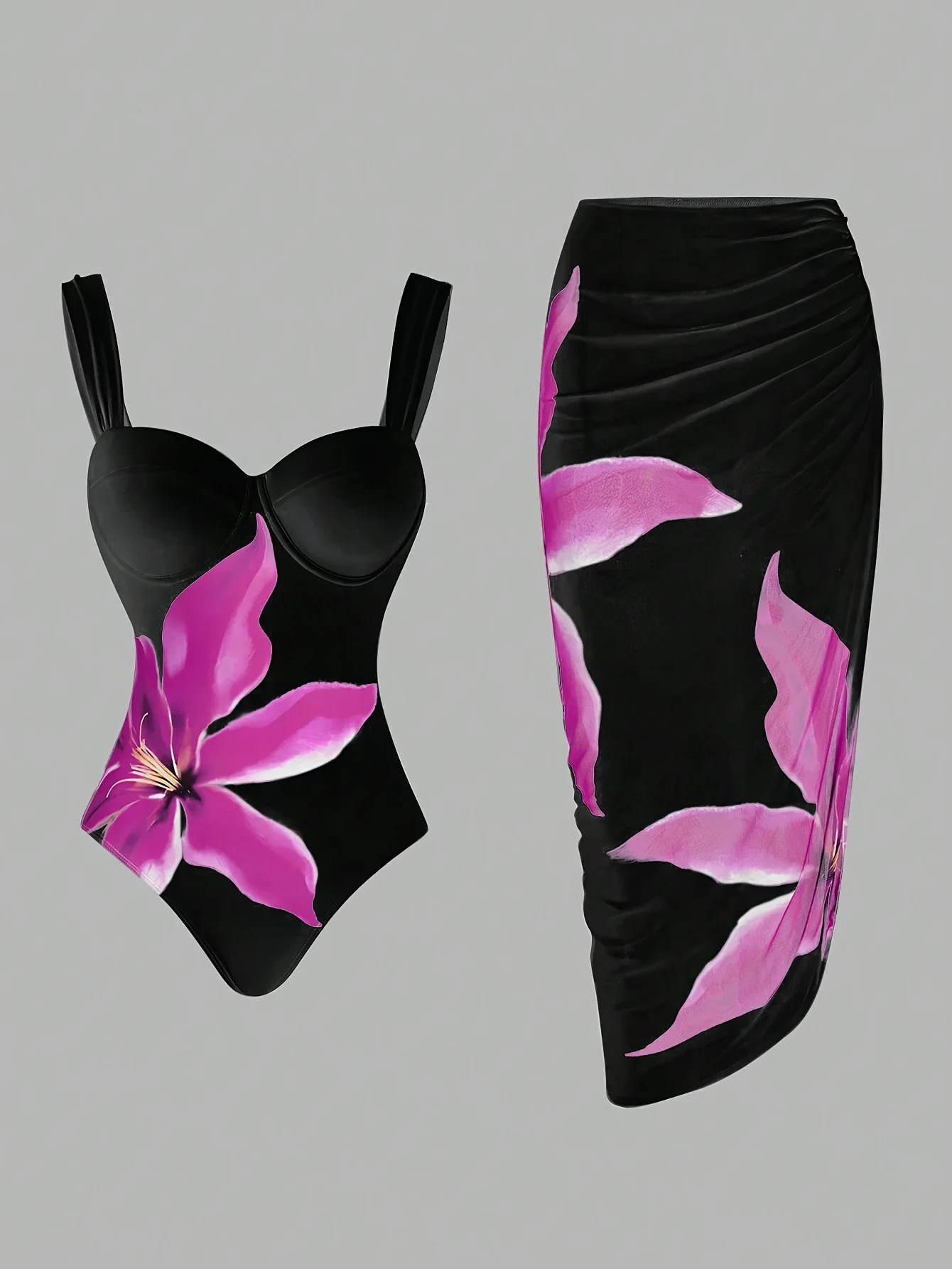 

2026 New Women's Sexy & Fashionable Black-Based Magenta Floral Print Separates Swimsuit with Strapless Waist-Tie & Ruched Skirt