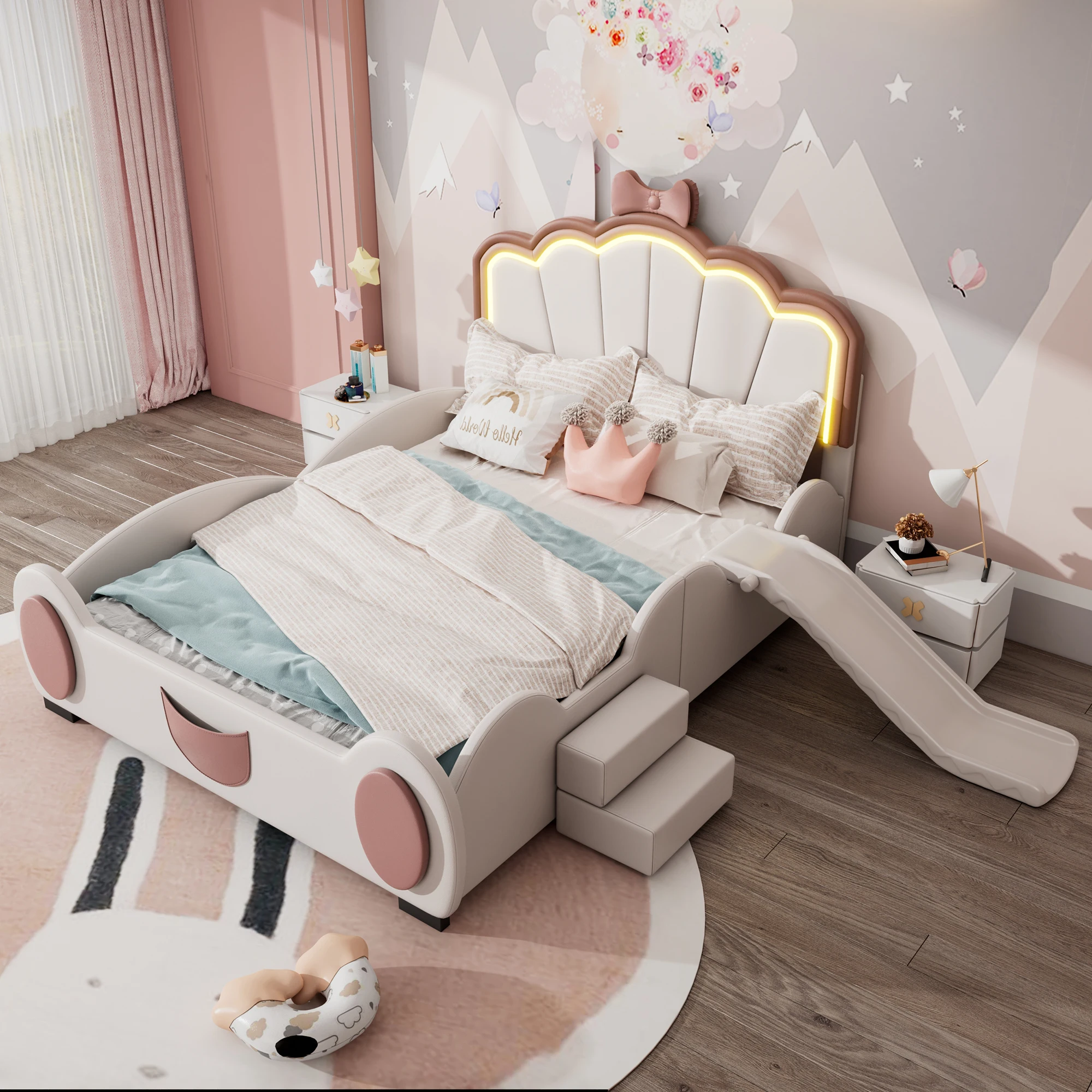 ZYLOYAL10 Letto Matrimoniale Con Contenitore E Luci LED USB – Beige Lino, 140x200 Cm (Senza Materasso)