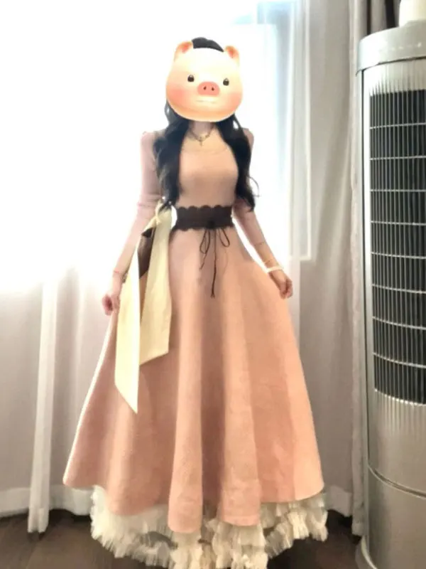 

Элегантное платье с поясом для важных мероприятий, красивое длинное вязаное платье с высокой талией, французский стиль, хлопок, зимняя мода