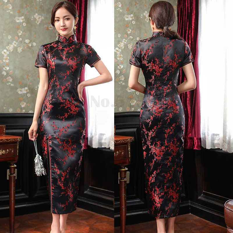 

Black Red Flower Chinese Traditional Dress Women Satin Cheongsam Qipao Summer Short Sleeve Long Slim Split Vintage Vestidos