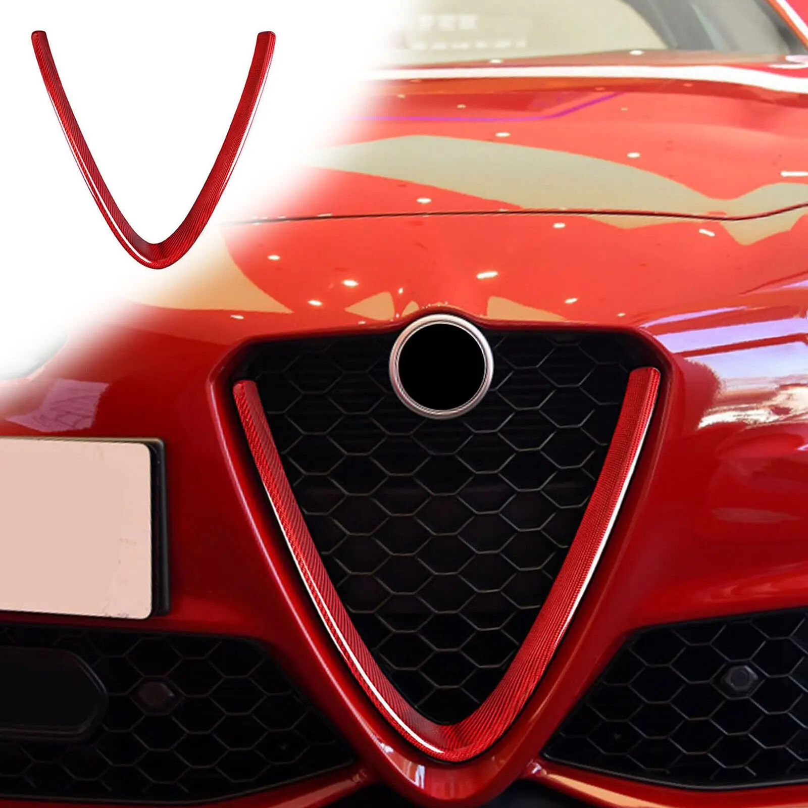 Red Dry Carbon Fiber Twill V Shape Front Grille Cover Trim For Alfa Romeo GIULIA 2017-2021