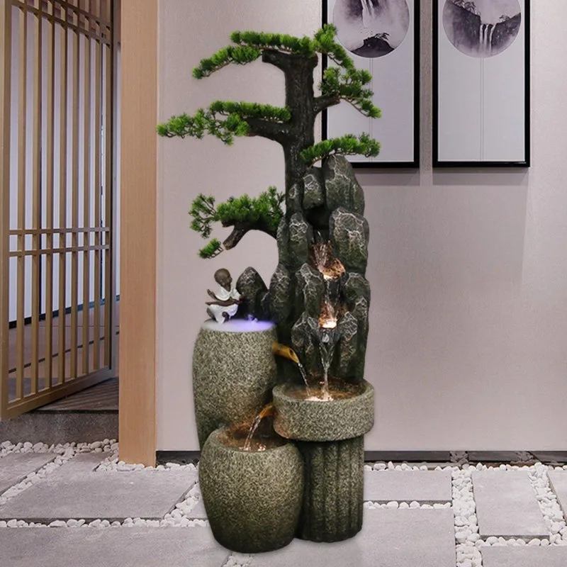 Chinese welcome pine rockery flowing water fountain, living room entrance balcony landing, landscape landscaping fish pond ornam
