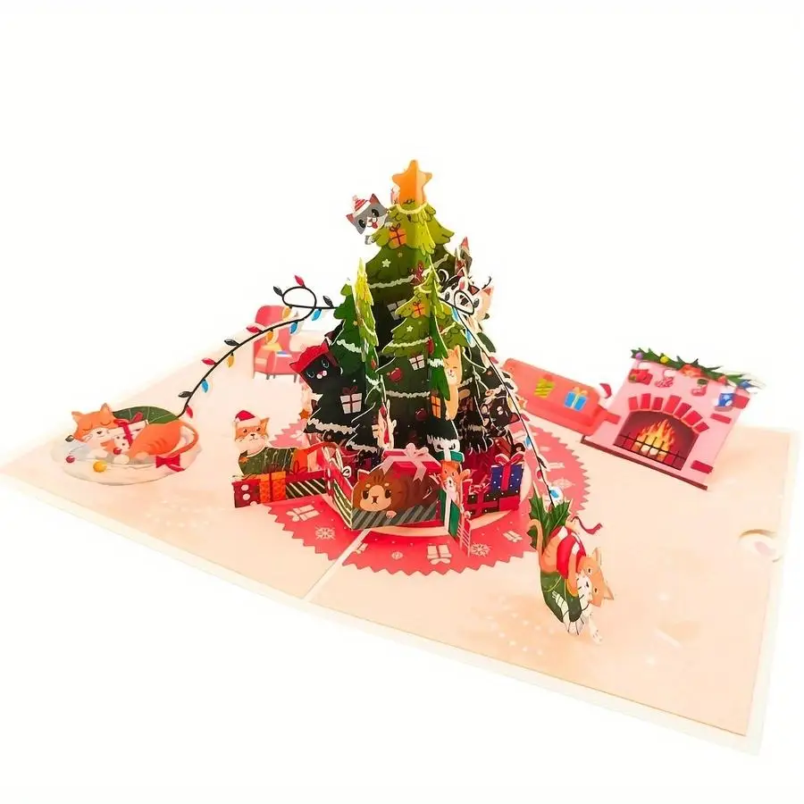 1/5/10/20/50/100pcs Meowy Christmas Pop-Up Card with Envelope - Festive Cat Design, Perfect for Birthdays, Halloween, Thanksgivi