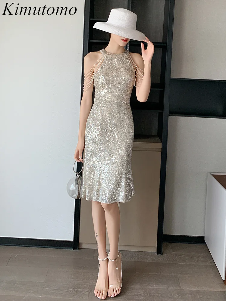 

Kimutomo Pearl Beaded Sequined Shiny Dress O Neck Off-shoulder Sexy Hip Dresses Celebrity Style Birthday Party Vestidos Women