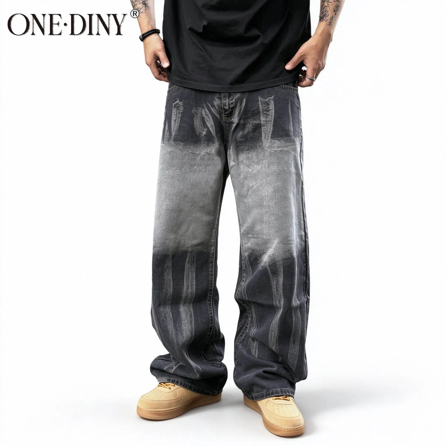 ONE·DINY Men's Black Gray Gradient Baggy Jeans Washed Striped Wide Leg Denim Pants Streetwear Y2K Hip Hop Loose Casual Trousers