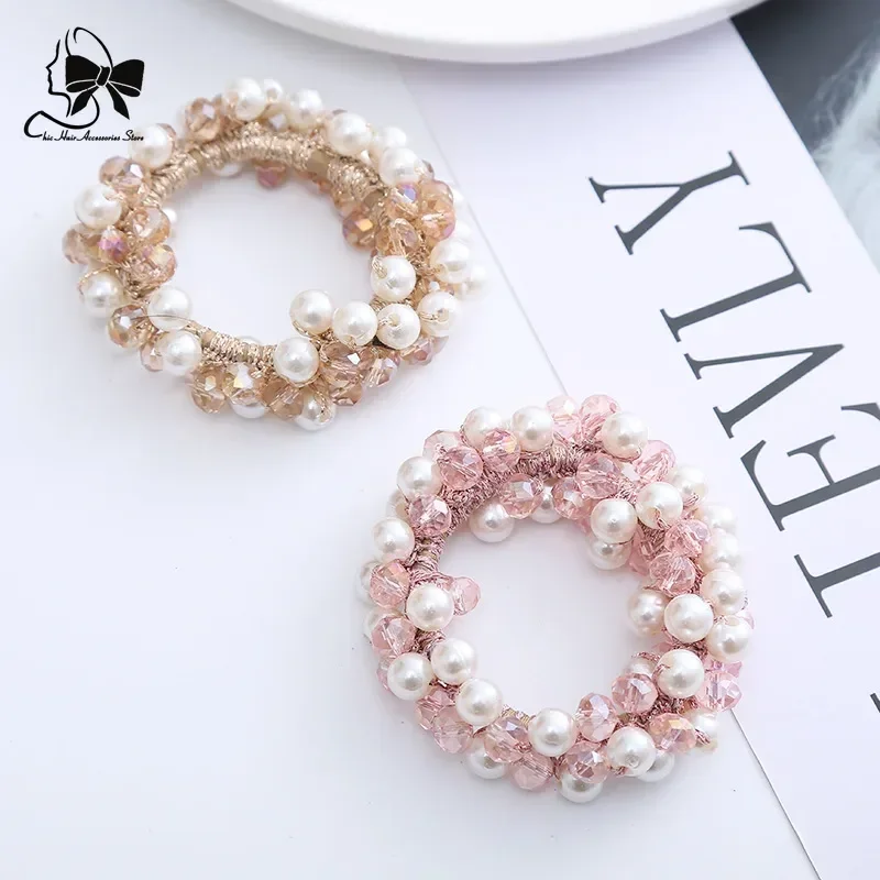 Pearl Crystal Fashion Senshi New Super Fairy Born Head String High Elastic Beaded Basic Scrunchie Jewelry Hair Bands