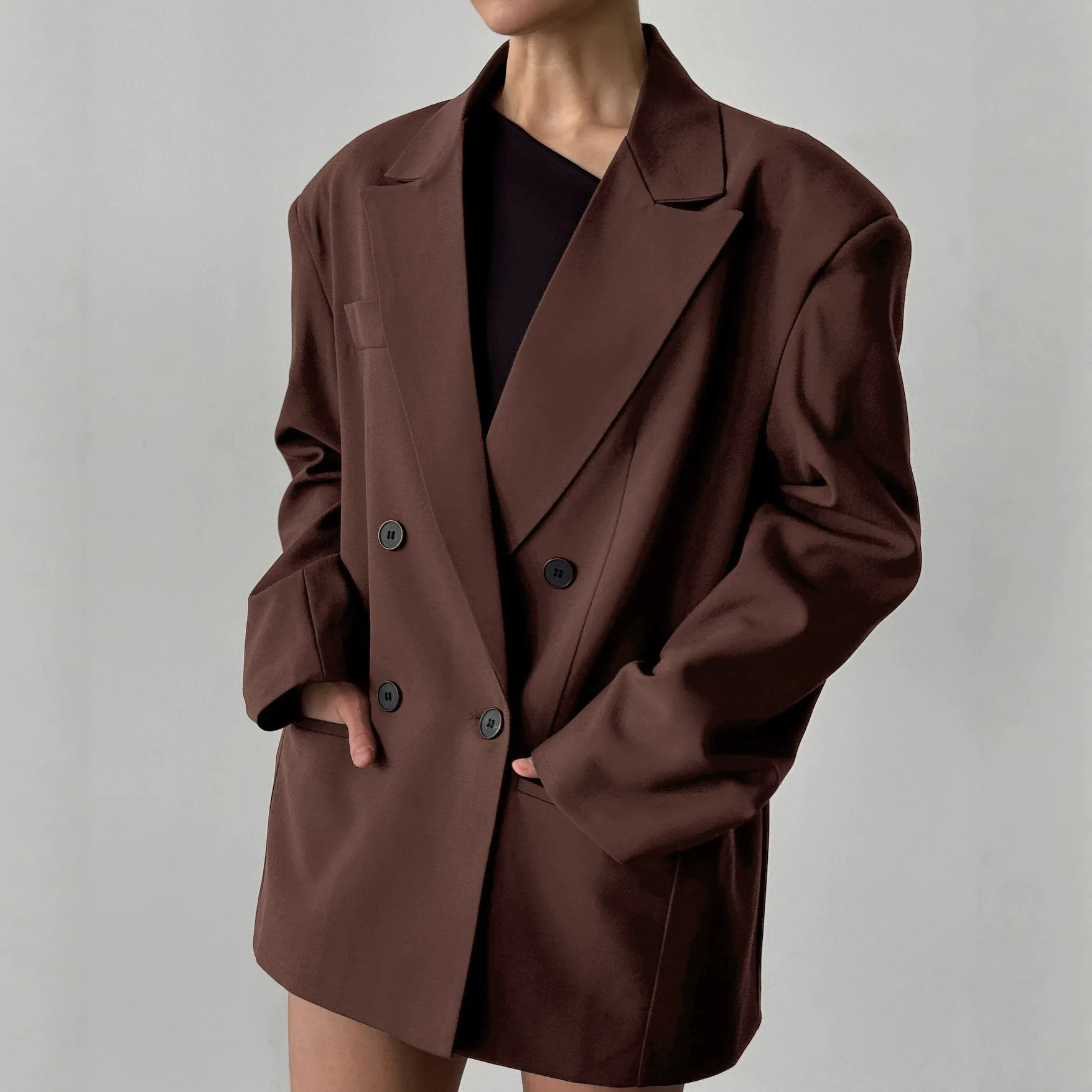 Women Solid Tailored Coats Suit Jackets Notched Collar Long Sleeves Double Breasted Thick Loose Casual Office Lady 2026 Autumn