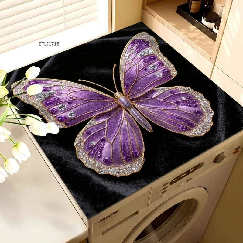 VIKAMA Luxury Stereo Blue Butterfly Pattern Washing Machine Dust Cover Non-slip Shock Absorbing Laundry Room Decor Mat